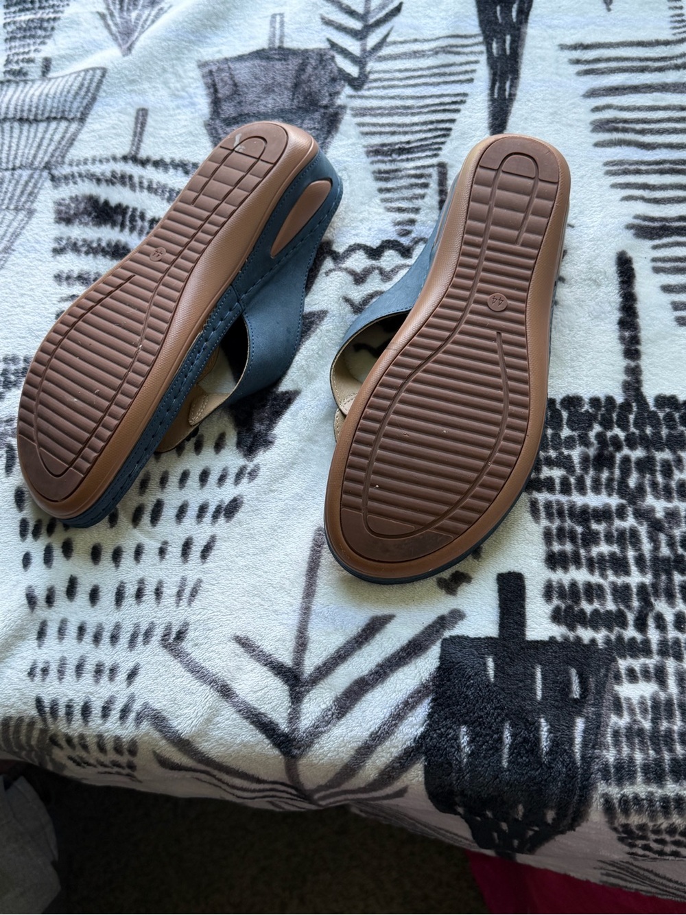 Blue Leather Slide Sandals with Brown Soles